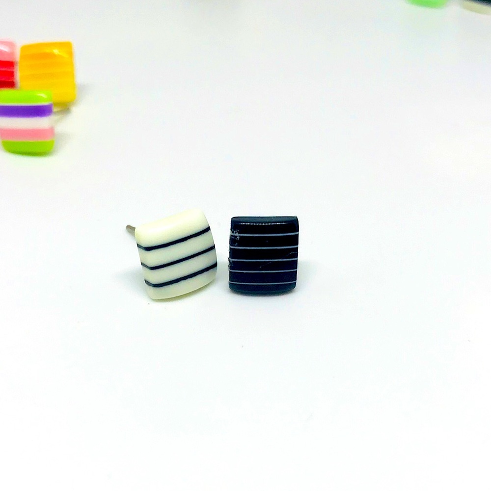 Black Mixed Multi Color Minimalist Repurposed Vintage Striped Bead Stud Earrin…